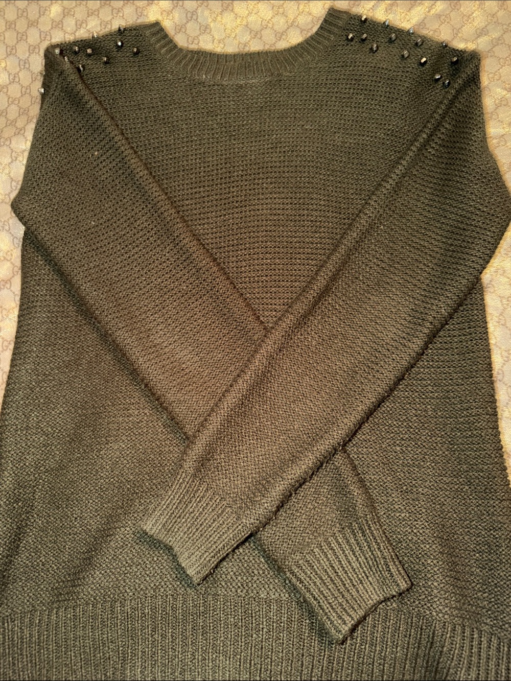 Forever 21 Men's Olive Crewneck Sweater with Shoulder Studs